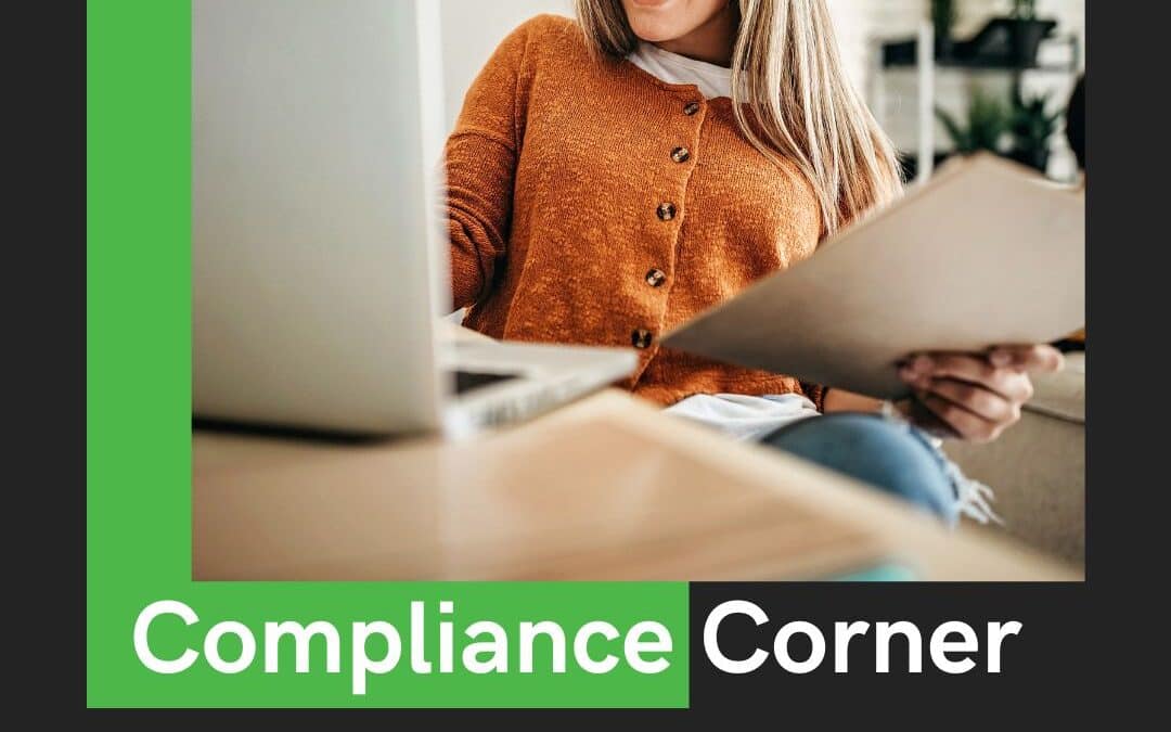 Compliance Corner banner over a photo of a person working on a laptop