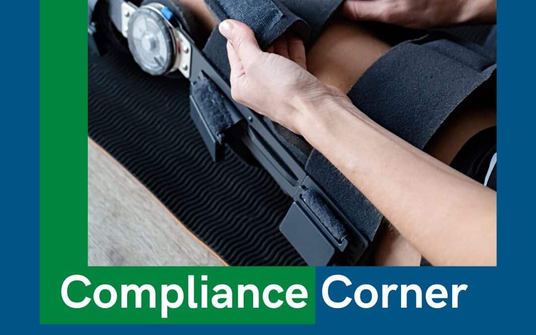 Compliance Corner banner over a photo of a compression wrap fitted on a patient