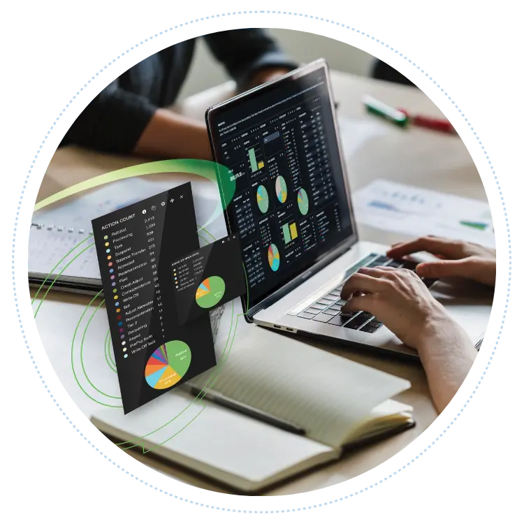 Hands typing on a laptop displaying the ACU-Insight analytics dashboard, with floating action-count panels and colorful pie charts.