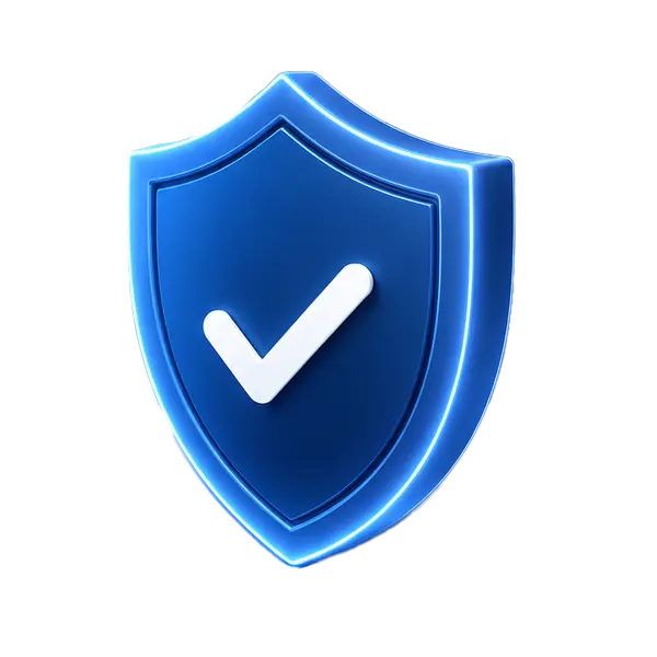 A glowing blue shield with a white checkmark symbolizes security, protection, trust, compliance, and verified safety.