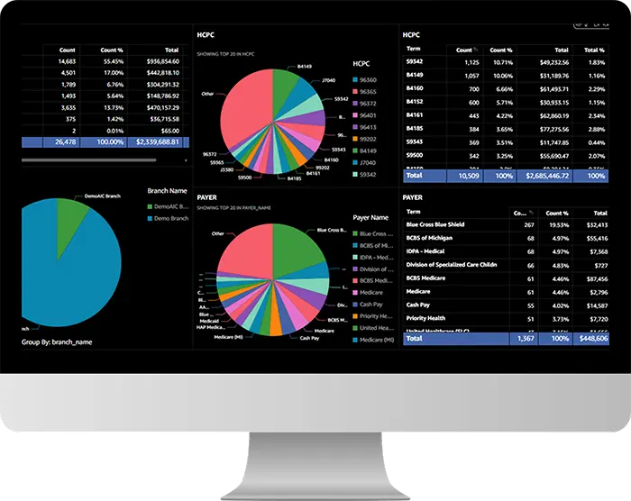 A computer monitor displaying complex financial and medical data charts with colorful pie graphs and itemized tables