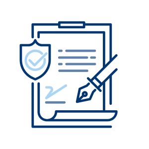 A glowing blue shield with a white checkmark symbolizes security, protection, trust, compliance, and verified safety.