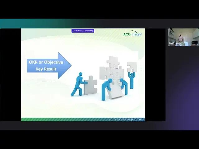 Virtual presentation slide showing an OKR diagram with puzzle pieces, featuring presenter Sarah Hanna in a video feed on the right.