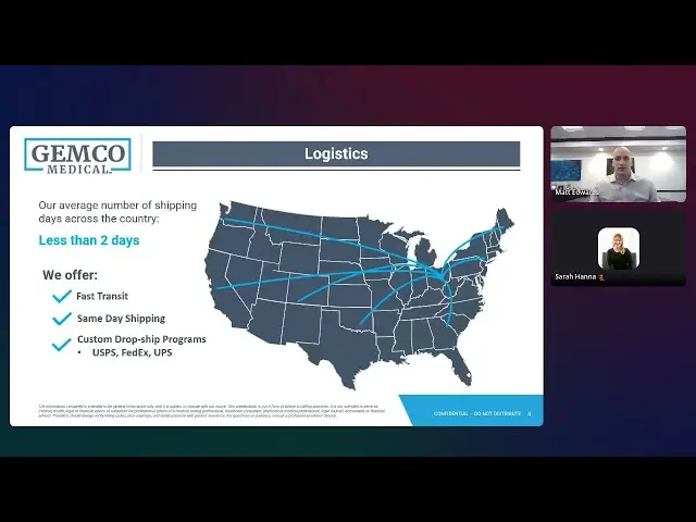 Virtual presentation slide showing GEMCO Medical logistics map, highlighting shipping under two days alongside two video participants.