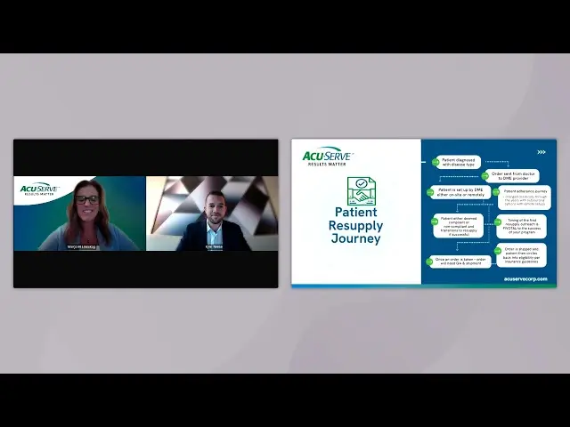 Virtual presentation featuring two speakers alongside an ACU-Serve slide illustrating the "Patient Resupply Journey" flowchart.
