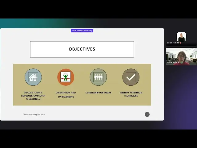 Virtual presentation slide titled "Objectives" featuring four icons outlining key topics, alongside two video participants.