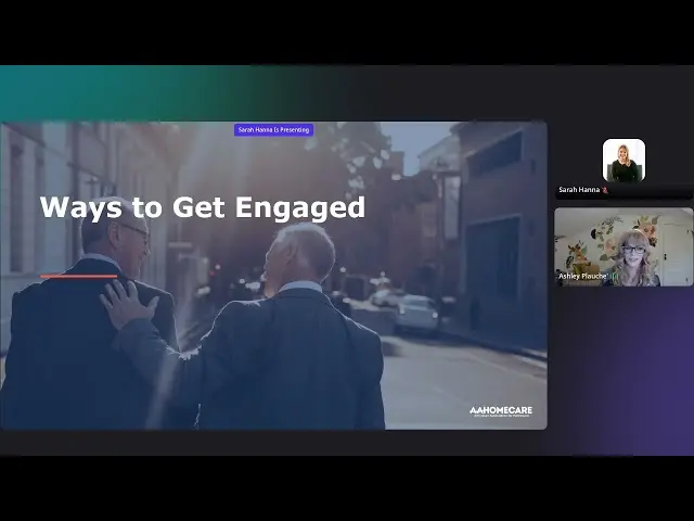 Virtual presentation slide titled "Ways to Get Engaged" featuring two men walking outdoors, alongside two video participants.