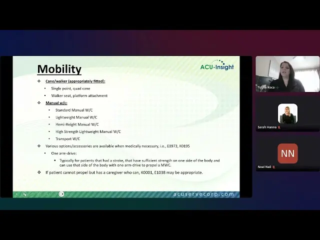 Virtual presentation slide titled "Mobility" outlining equipment options alongside three video meeting participants on the right.