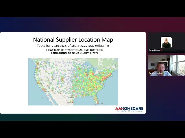 Virtual presentation slide showing a US heat map of DME supplier locations alongside video feeds for Sarah Hanna and David Chandler.