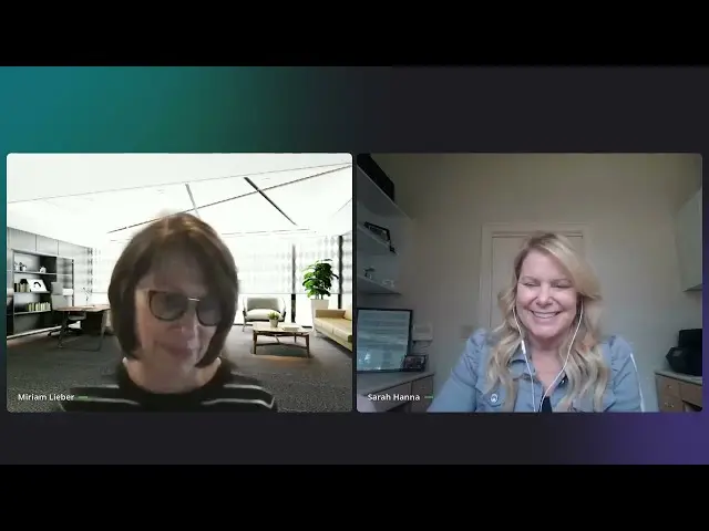 Virtual meeting split-screen featuring two video participants, Miriam Lieber and Sarah Hanna.