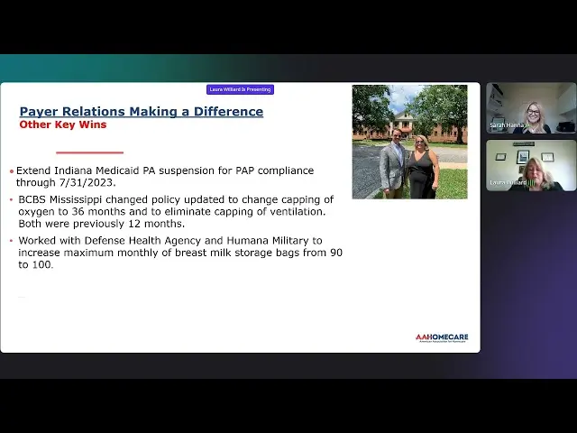 Virtual presentation slide titled "Payer Relations Making a Difference" detailing key wins alongside video feeds for Sarah Hanna and Laura Willard.