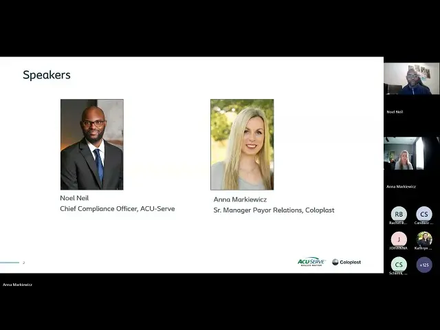 Virtual presentation slide titled "Speakers" featuring headshots of Noel Neil and Anna Markiewicz alongside video call participants.
