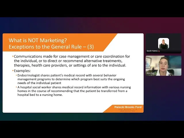 Virtual presentation slide titled "What is NOT Marketing?" outlining legal exceptions alongside video feeds for Sarah Hanna and Ann Ford.