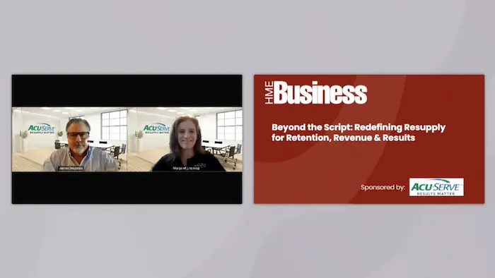 HME Business webinar titled "Beyond the Script" sponsored by ACU-SERVE, featuring side-by-side video feeds of two presenters.