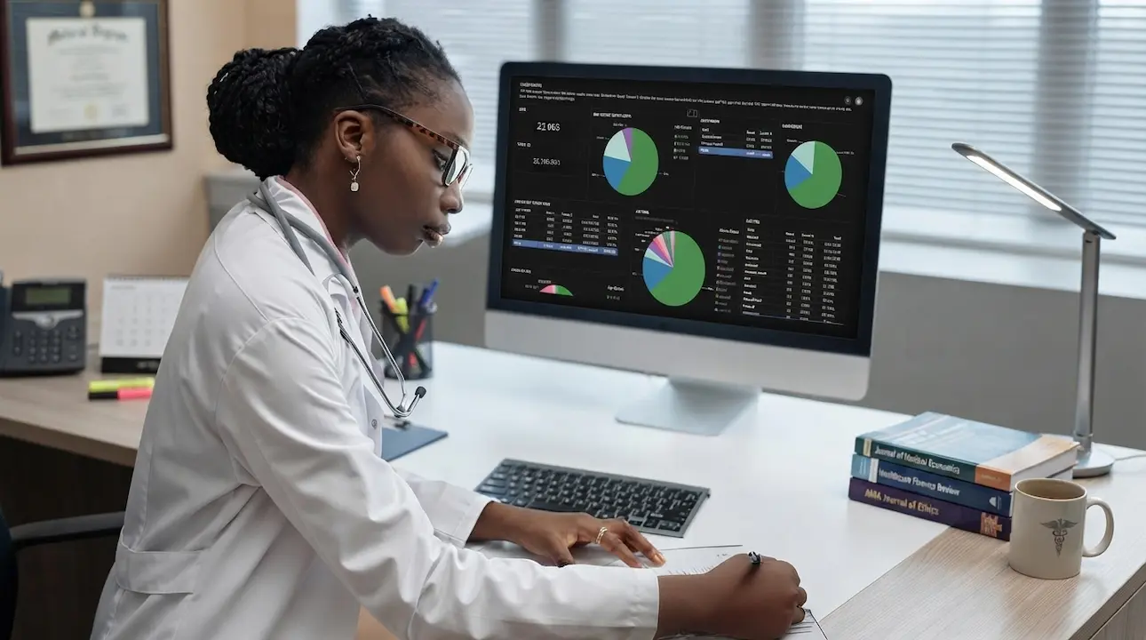 A female doctor in a white coat working at a desk, reviewing data charts on a computer monitor