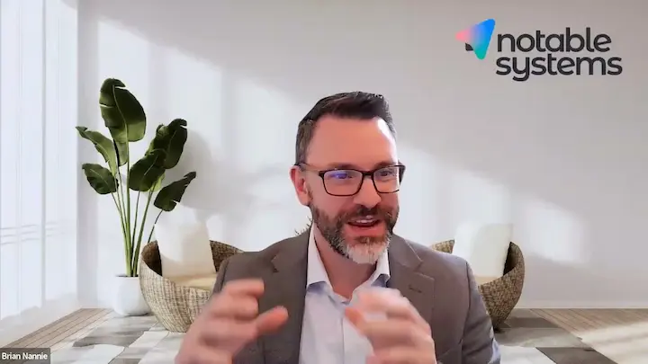 Virtual video call screenshot featuring speaker Brian Nannie presenting in front of a Notable Systems branded background.