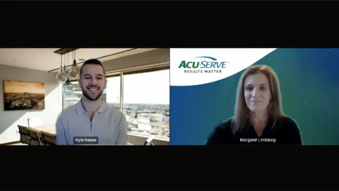 Split-screen video call with presenters Kyle Neese and Margaret Lindskog, featuring an ACU-SERVE branded virtual background on the right.